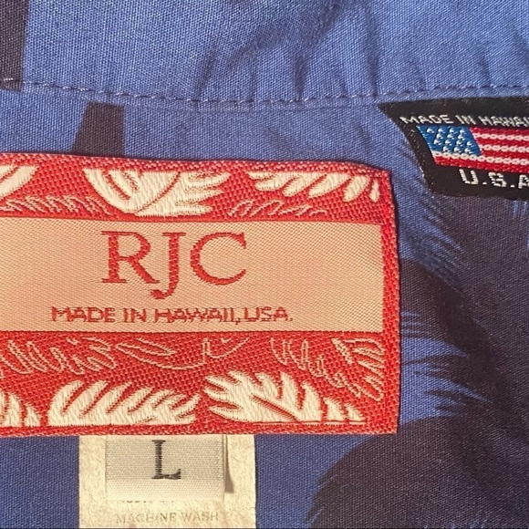 RJC blue Hawaiian surf palm tree short sleeve button down shirt chest pocket - Picture 2 of 4
